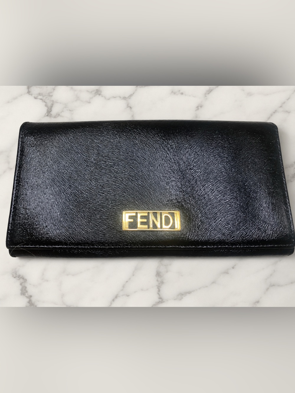 Vintage FENDI Black Textured Leather Continental Flap Wallet Gold
